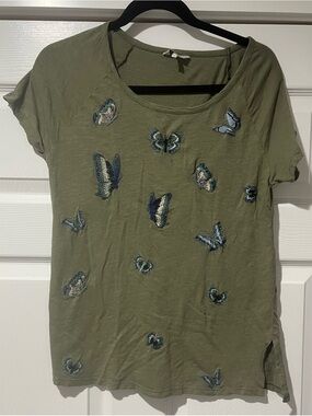 Lucky Brand Olive Green Butterfly Embroidered Short Sleeve Tee